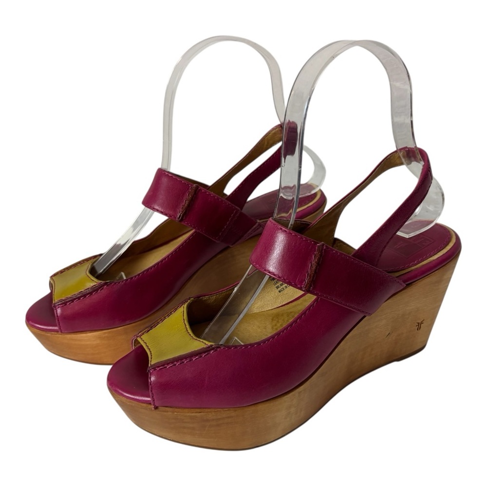 FRYE pink Leather Blair Slingback Wood Platform Wedge Heel Sandal Size 6M